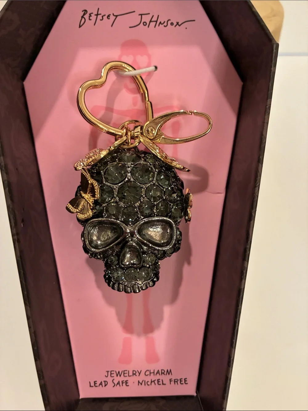 Betsey Johnson Black Crystal Skull with Gold Butterflies with Gold Hardware